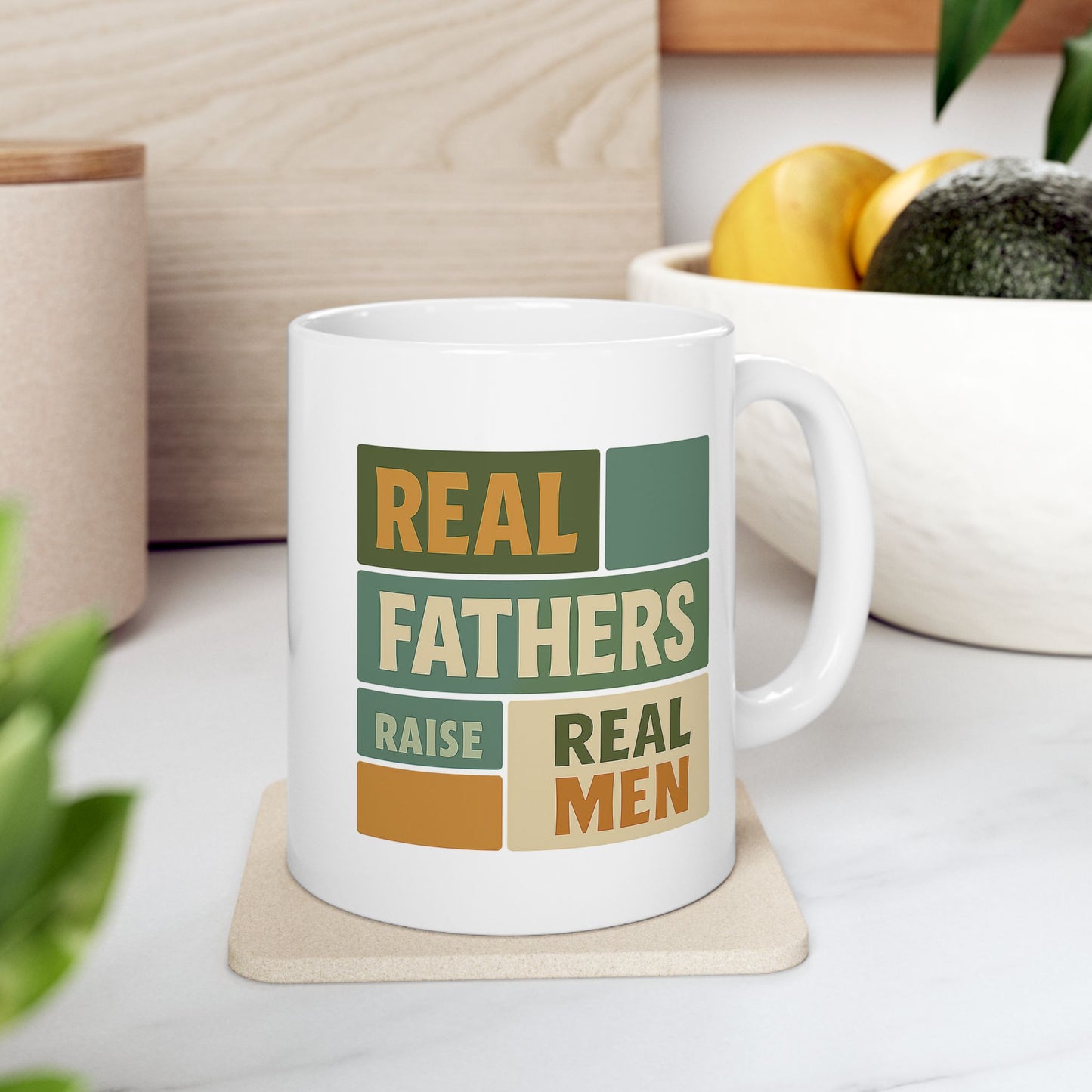 Real Fathers Raise Real Men Mug – Retro Patriotic Camping Design – 11oz Coffee Cup for Dad, Husband, Mentor