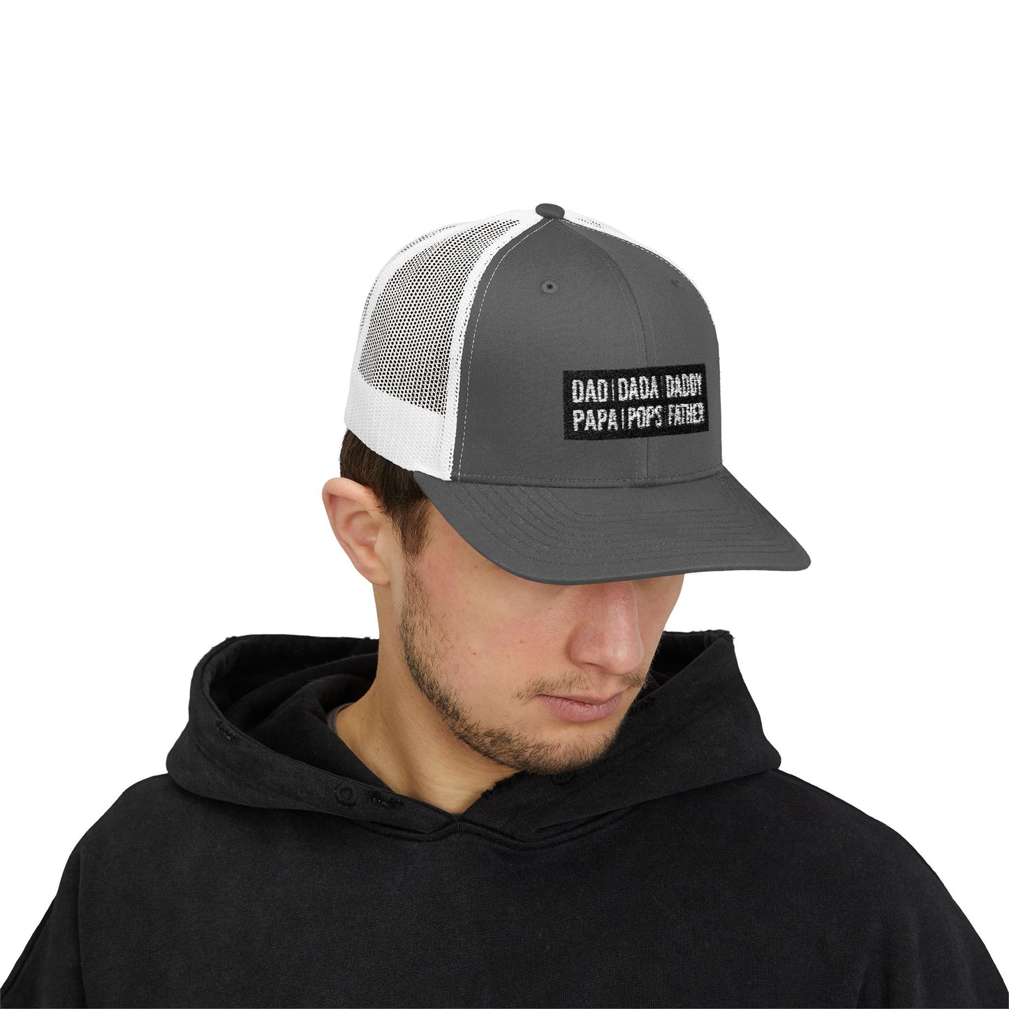 Father Names Line-Up Trucker Hat - Minimalist Black & White Design