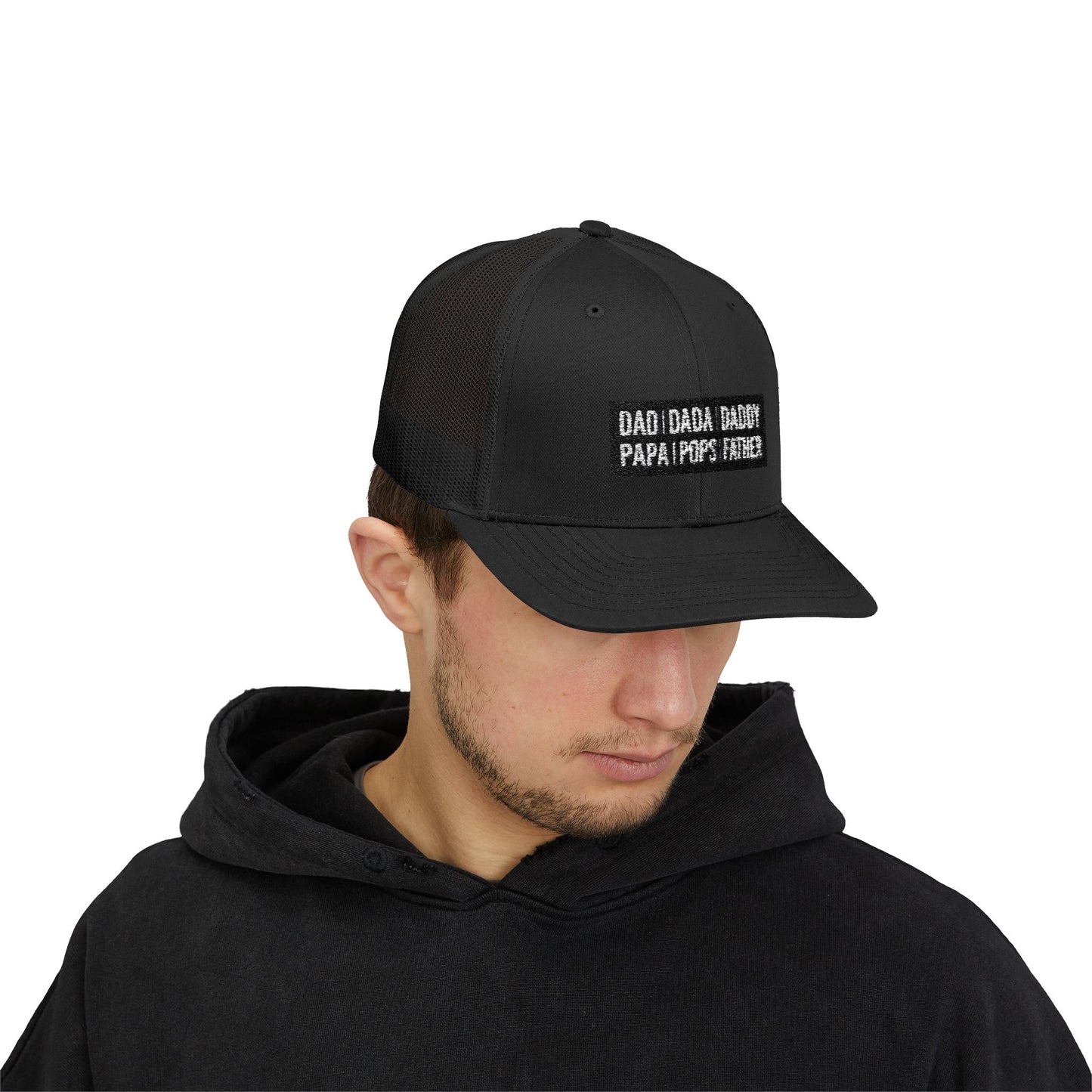 Father Names Line-Up Trucker Hat - Minimalist Black & White Design