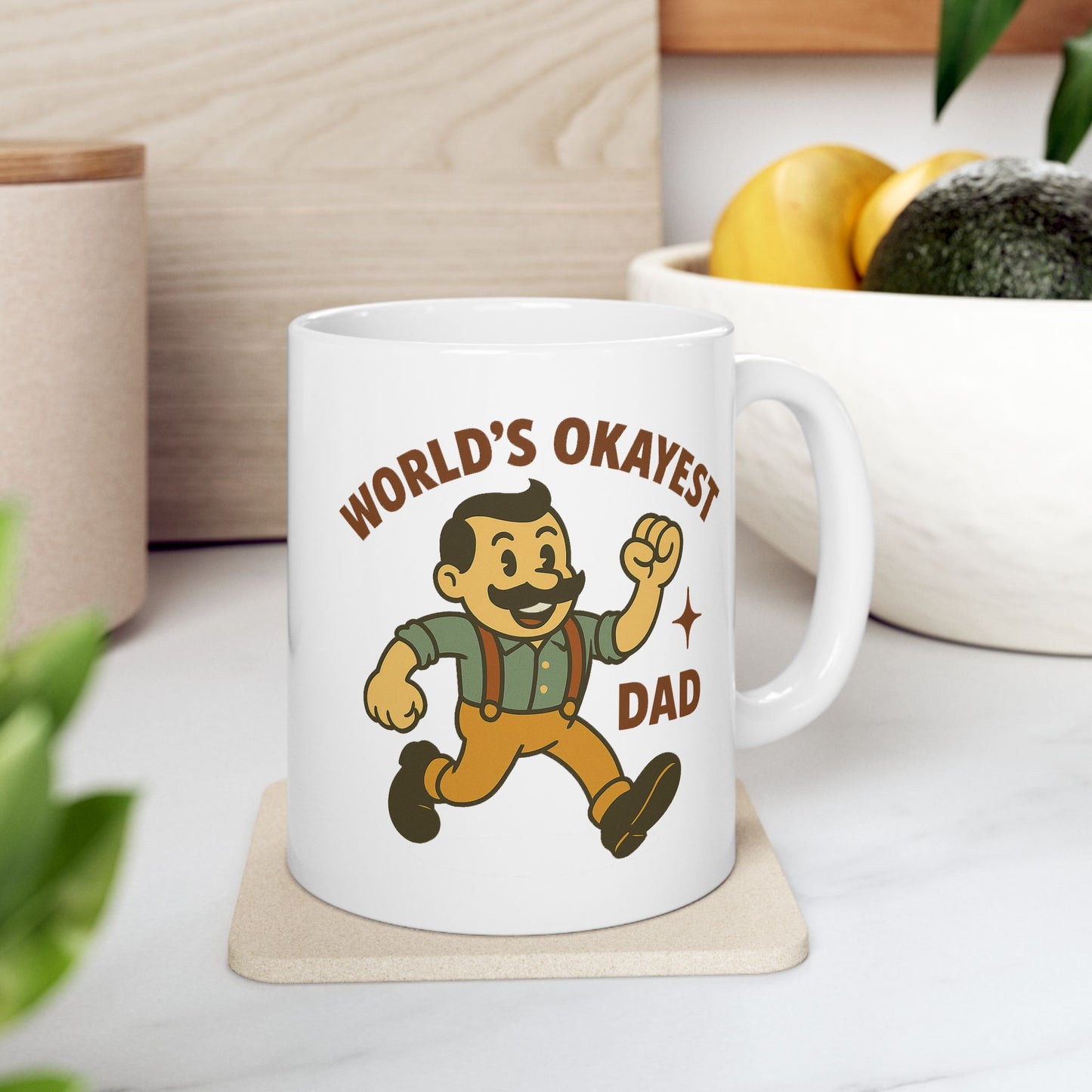 World’s Okayest Dad Mug – Funny Retro Cartoon Coffee Cup for Fathers