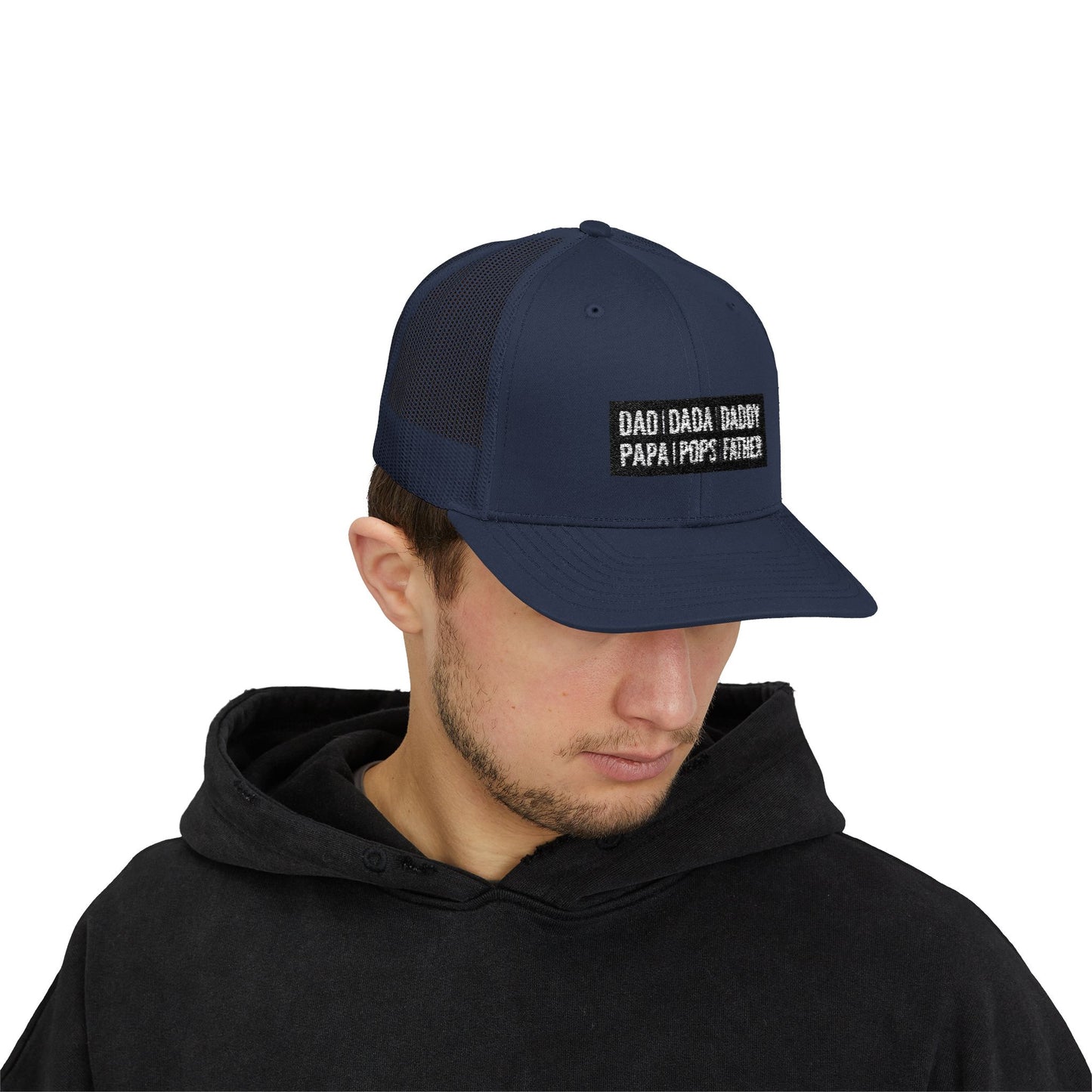 Father Names Line-Up Trucker Hat - Minimalist Black & White Design