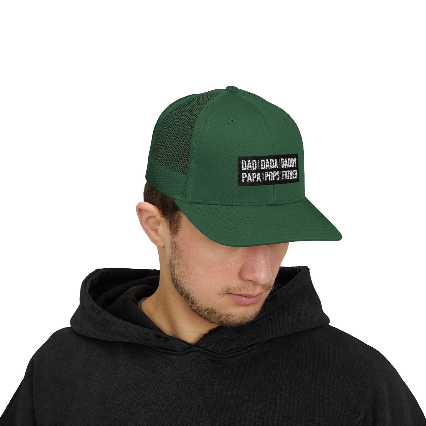 Father Names Line-Up Trucker Hat - Minimalist Black & White Design