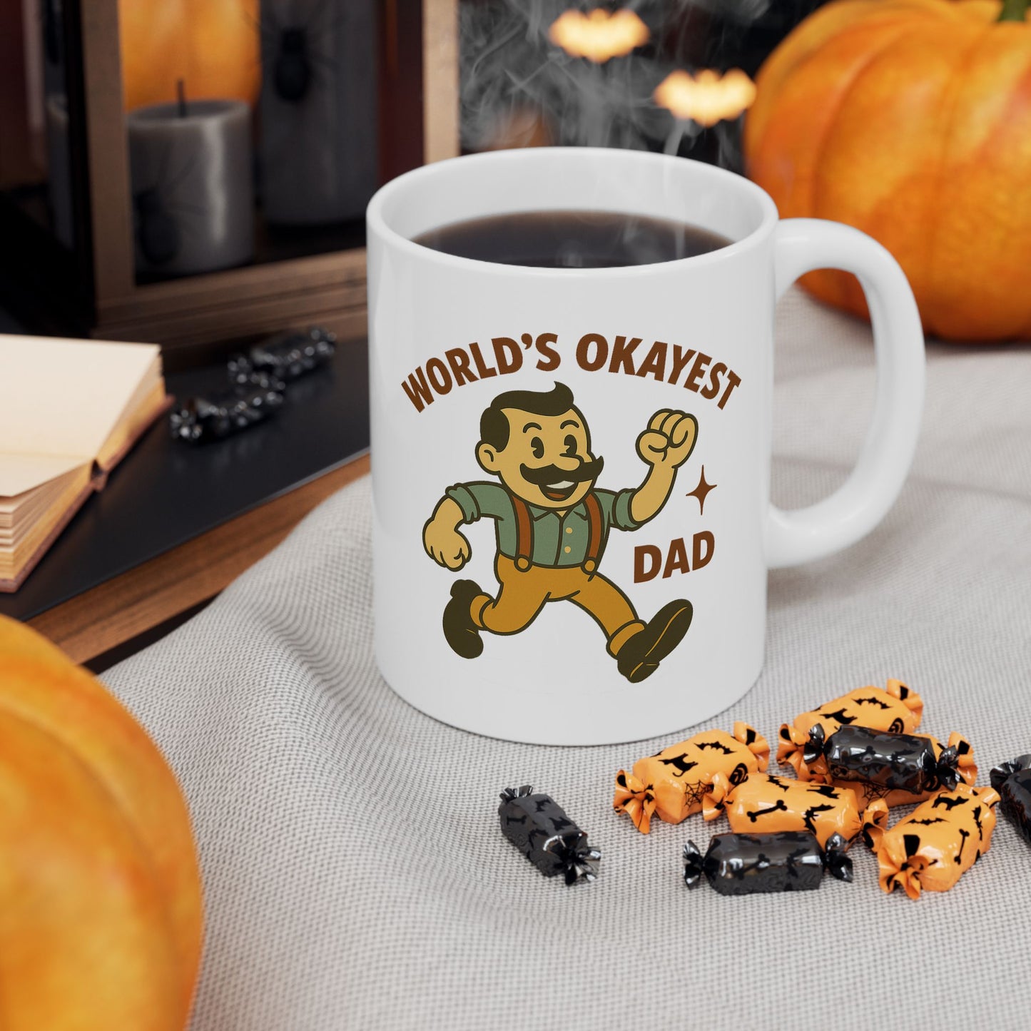 World’s Okayest Dad Mug – Funny Retro Cartoon Coffee Cup for Fathers