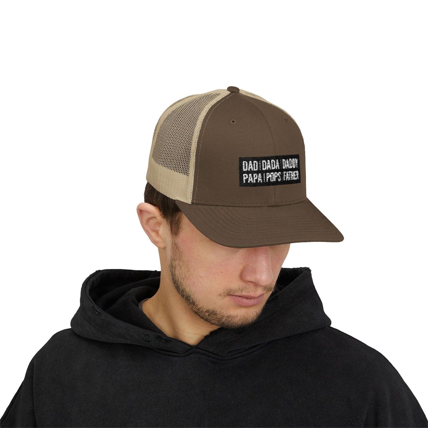 Father Names Line-Up Trucker Hat - Minimalist Black & White Design