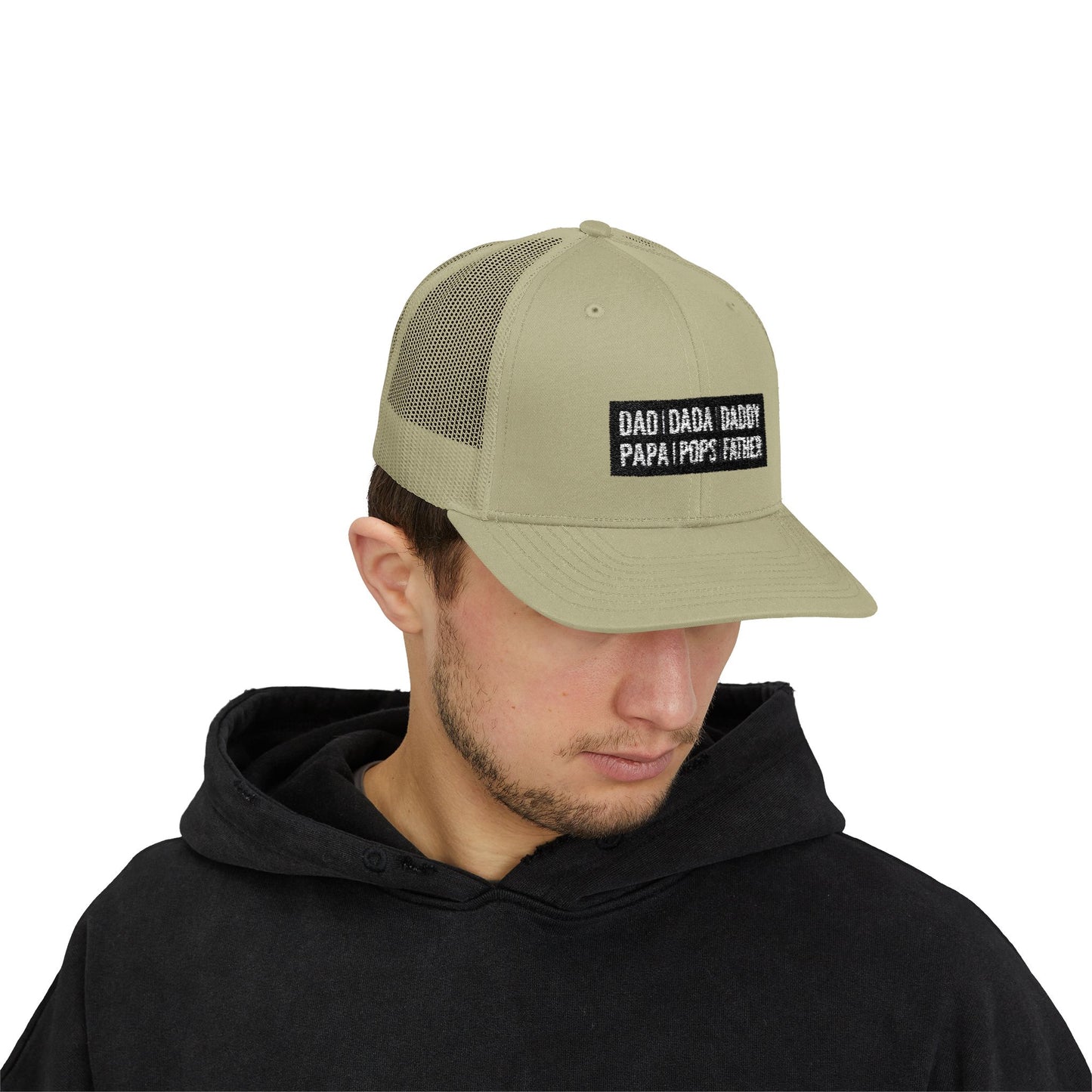 Father Names Line-Up Trucker Hat - Minimalist Black & White Design