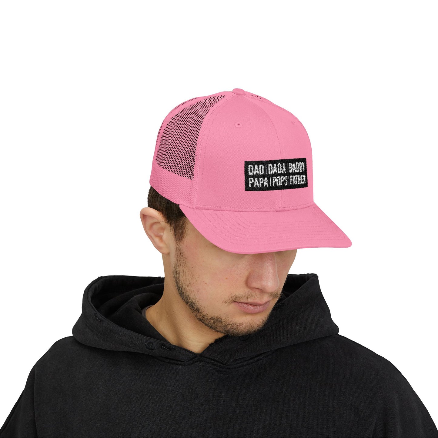 Father Names Line-Up Trucker Hat - Minimalist Black & White Design