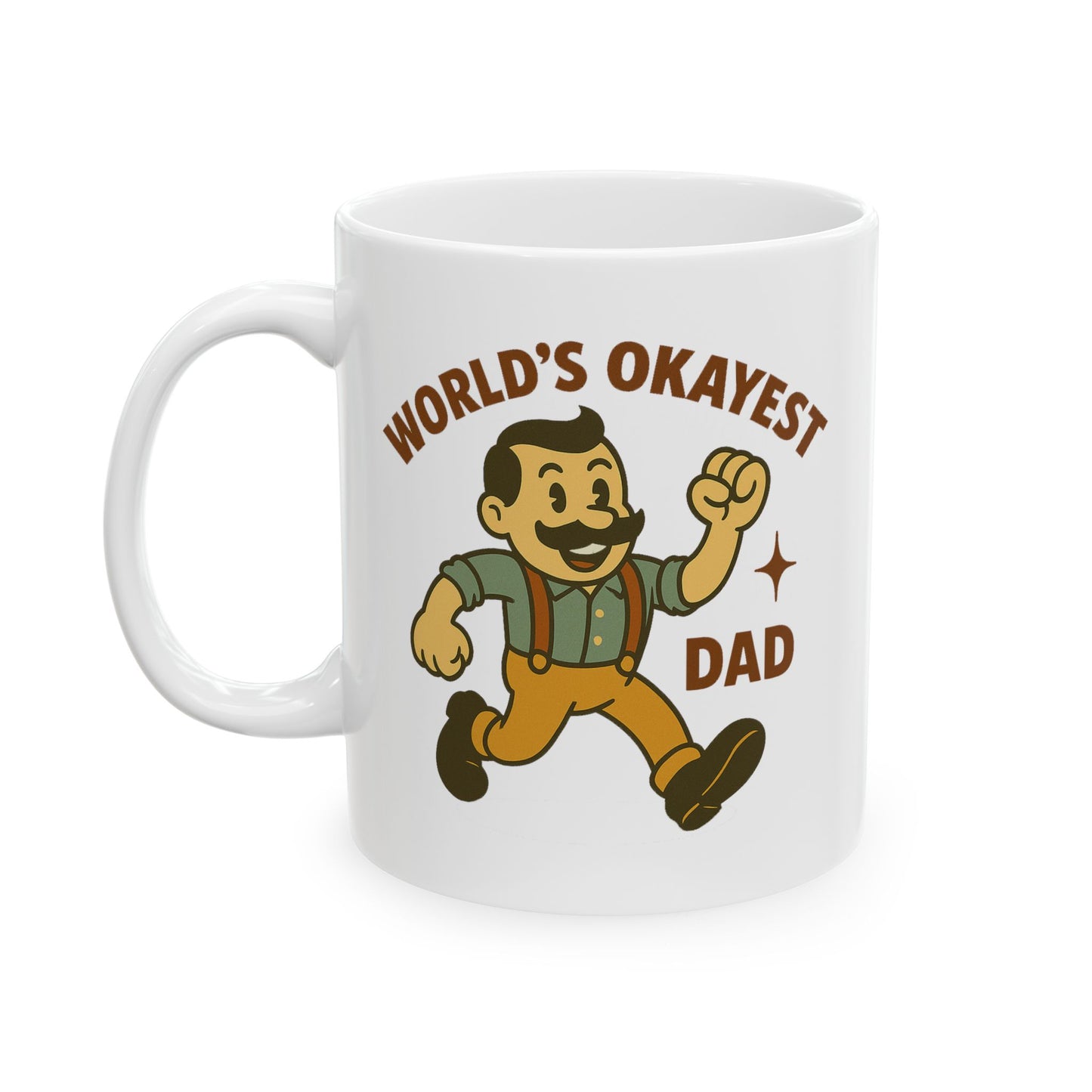 World’s Okayest Dad Mug – Funny Retro Cartoon Coffee Cup for Fathers