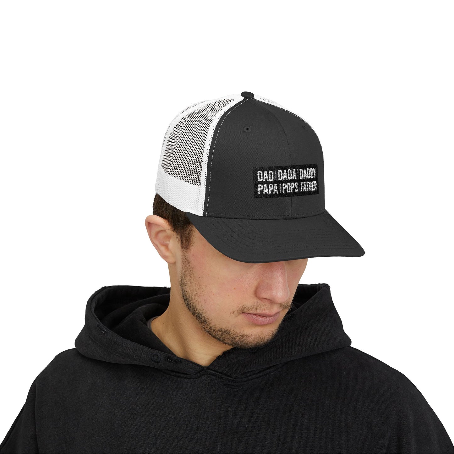 Father Names Line-Up Trucker Hat - Minimalist Black & White Design