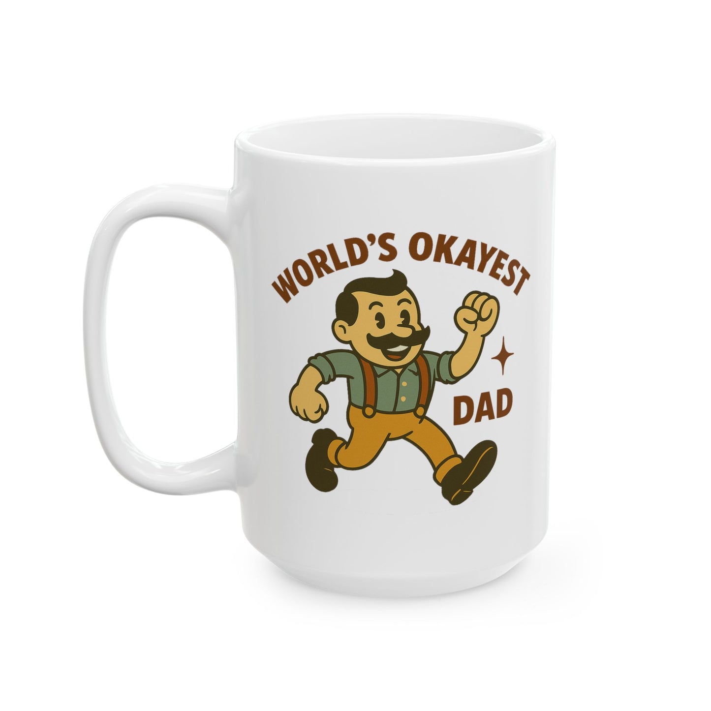World’s Okayest Dad Mug – Funny Retro Cartoon Coffee Cup for Fathers
