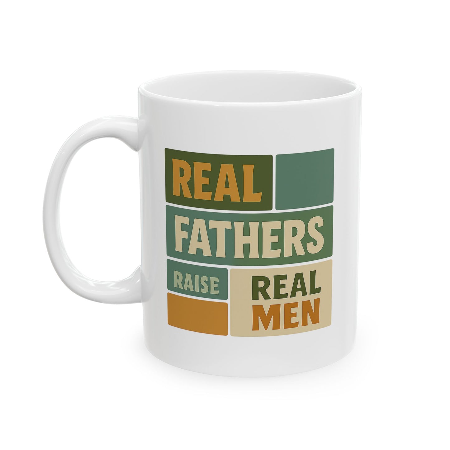 Real Fathers Raise Real Men Mug – Retro Patriotic Camping Design – 11oz Coffee Cup for Dad, Husband, Mentor