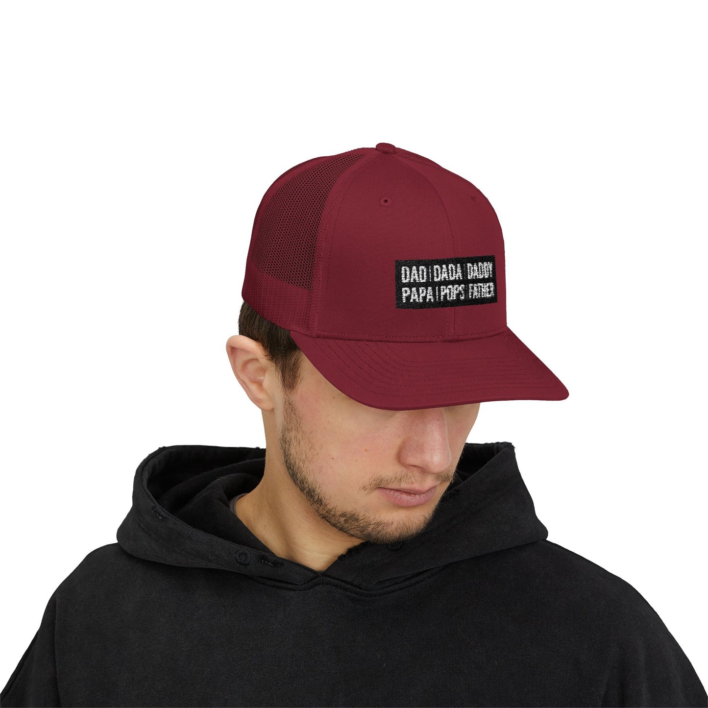 Father Names Line-Up Trucker Hat - Minimalist Black & White Design