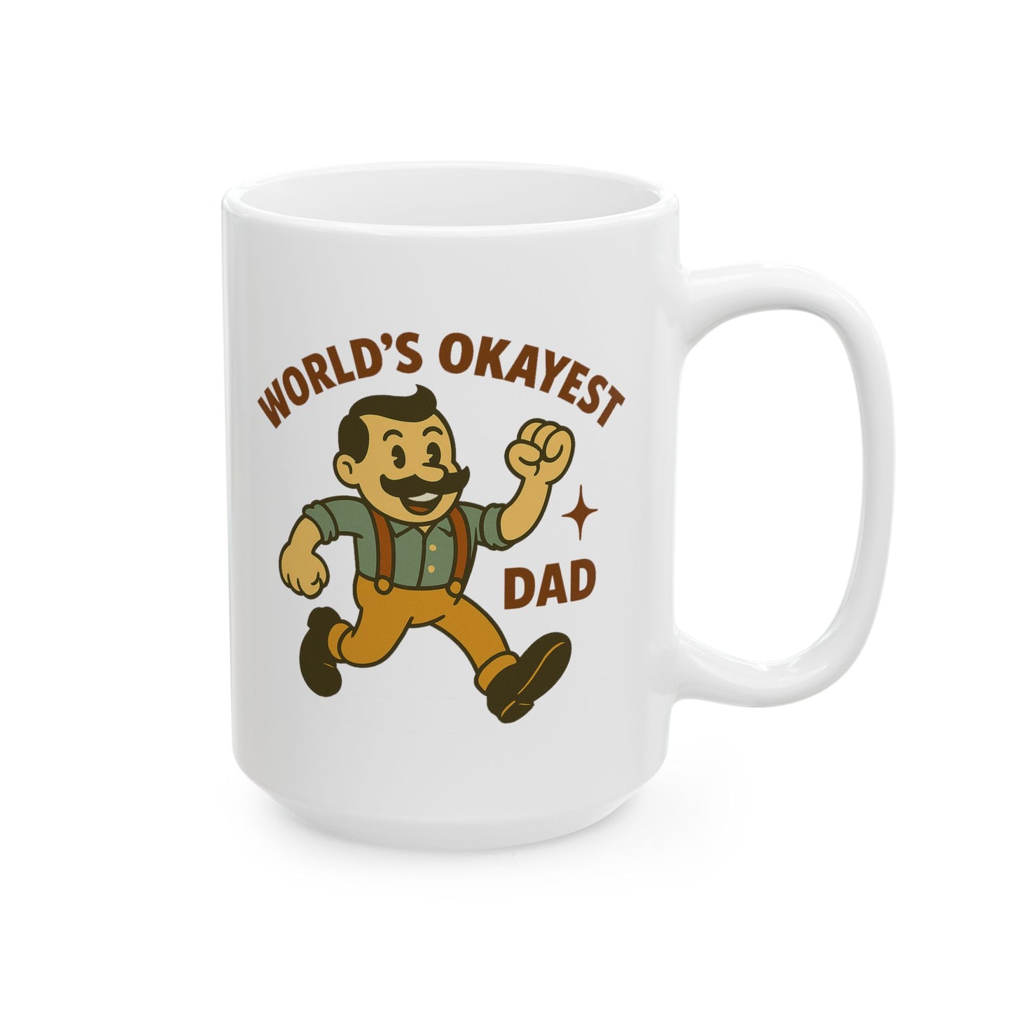World’s Okayest Dad Mug – Funny Retro Cartoon Coffee Cup for Fathers