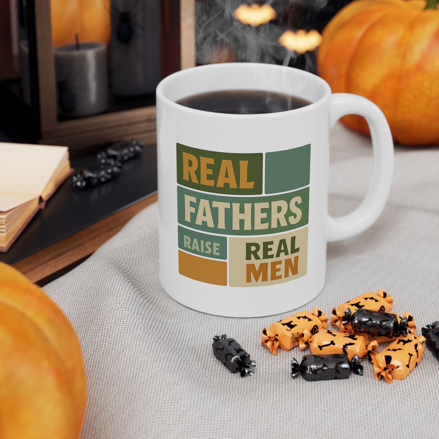 Real Fathers Raise Real Men Mug – Retro Patriotic Camping Design – 11oz Coffee Cup for Dad, Husband, Mentor