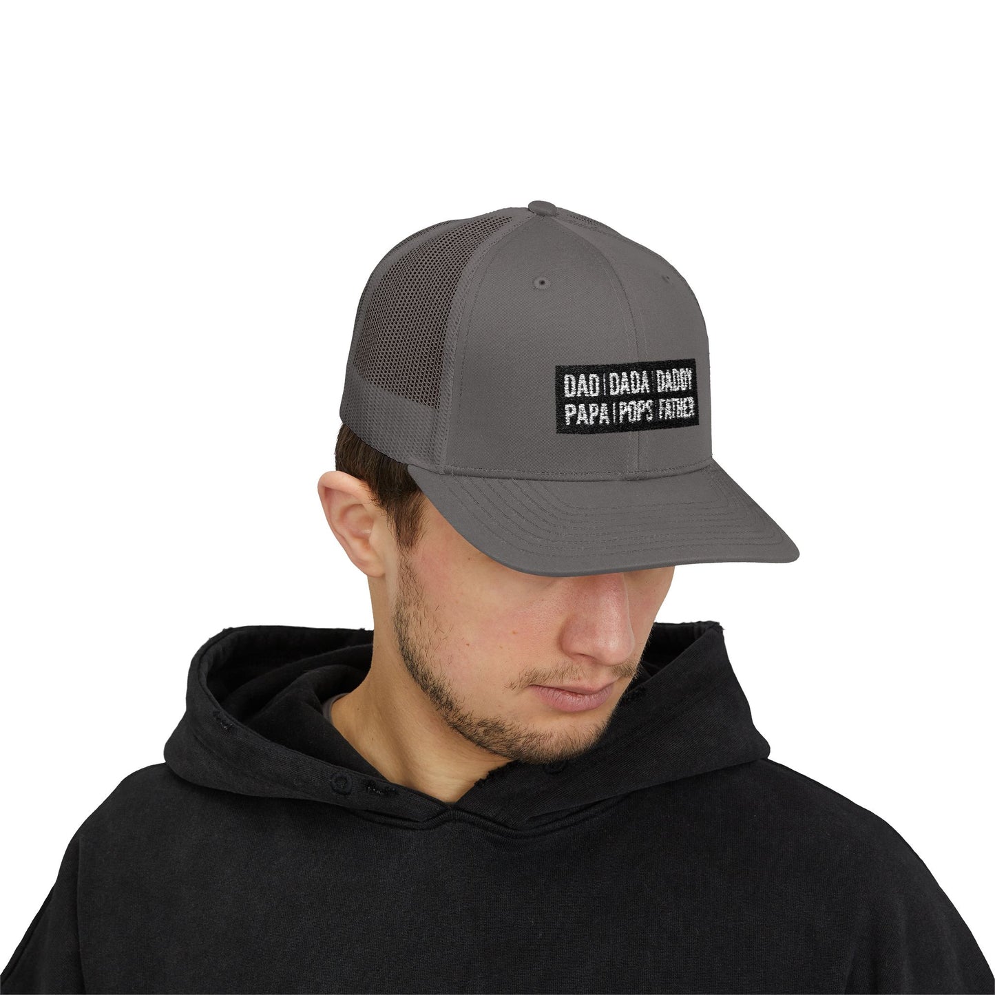 Father Names Line-Up Trucker Hat - Minimalist Black & White Design