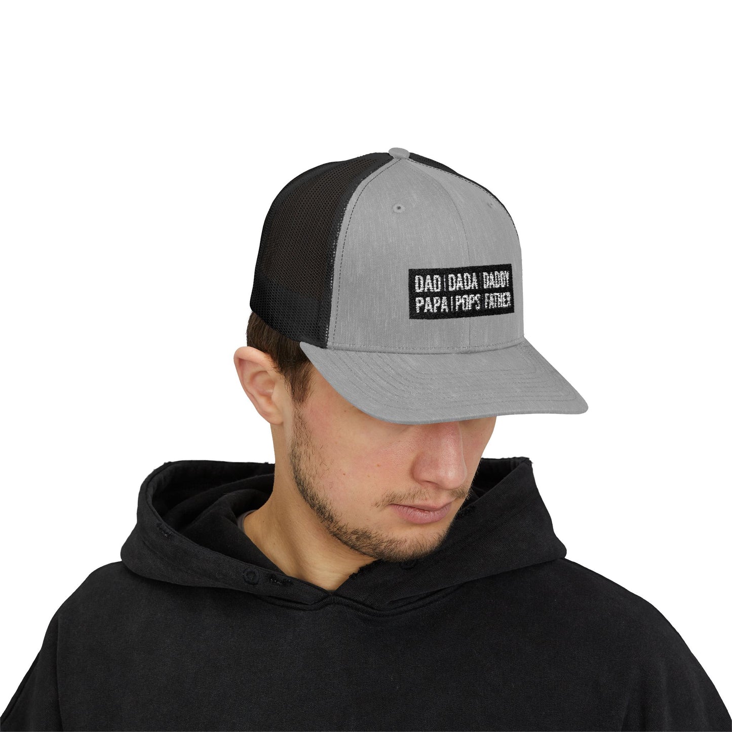 Father Names Line-Up Trucker Hat - Minimalist Black & White Design