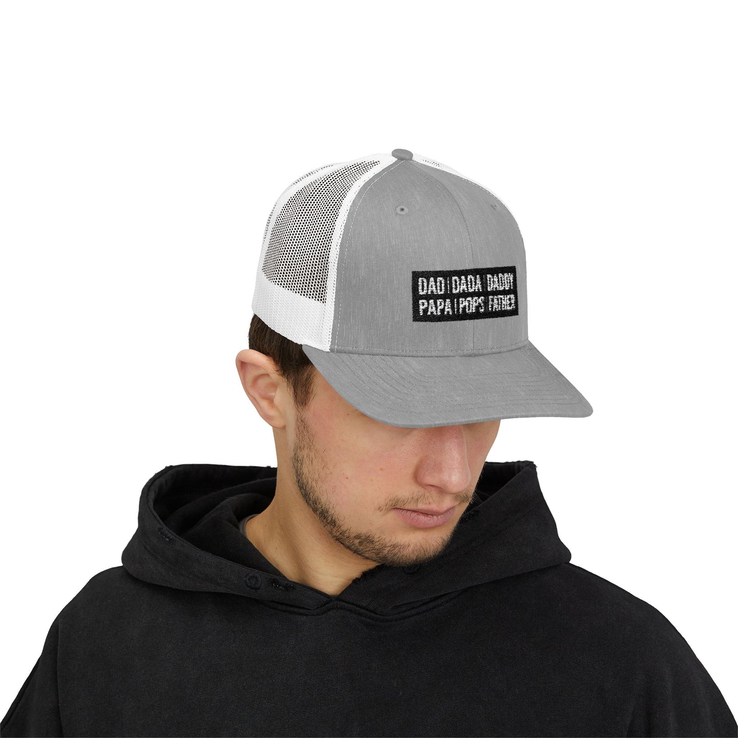 Father Names Line-Up Trucker Hat - Minimalist Black & White Design
