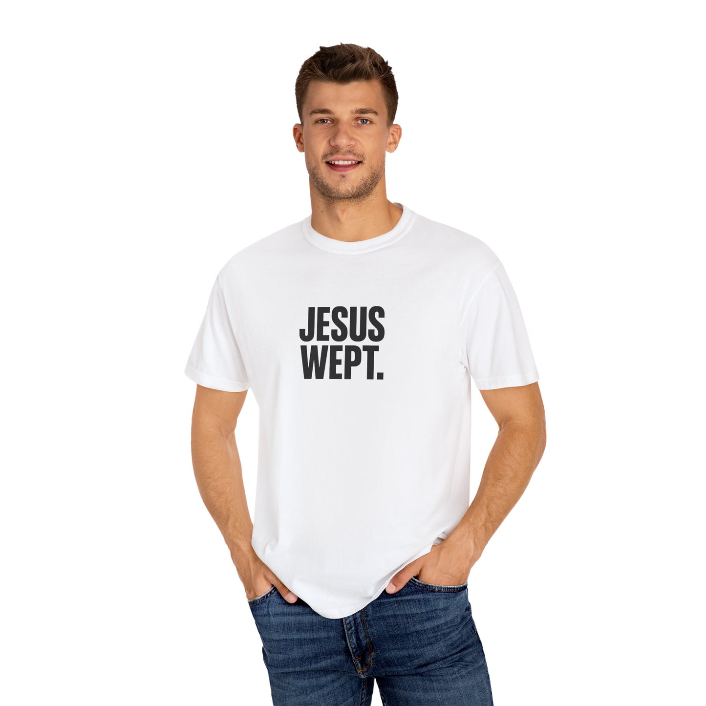 "Jesus Wept." Brutalist Bold Typography Unisex T-Shirt — Minimalist Christian Streetwear