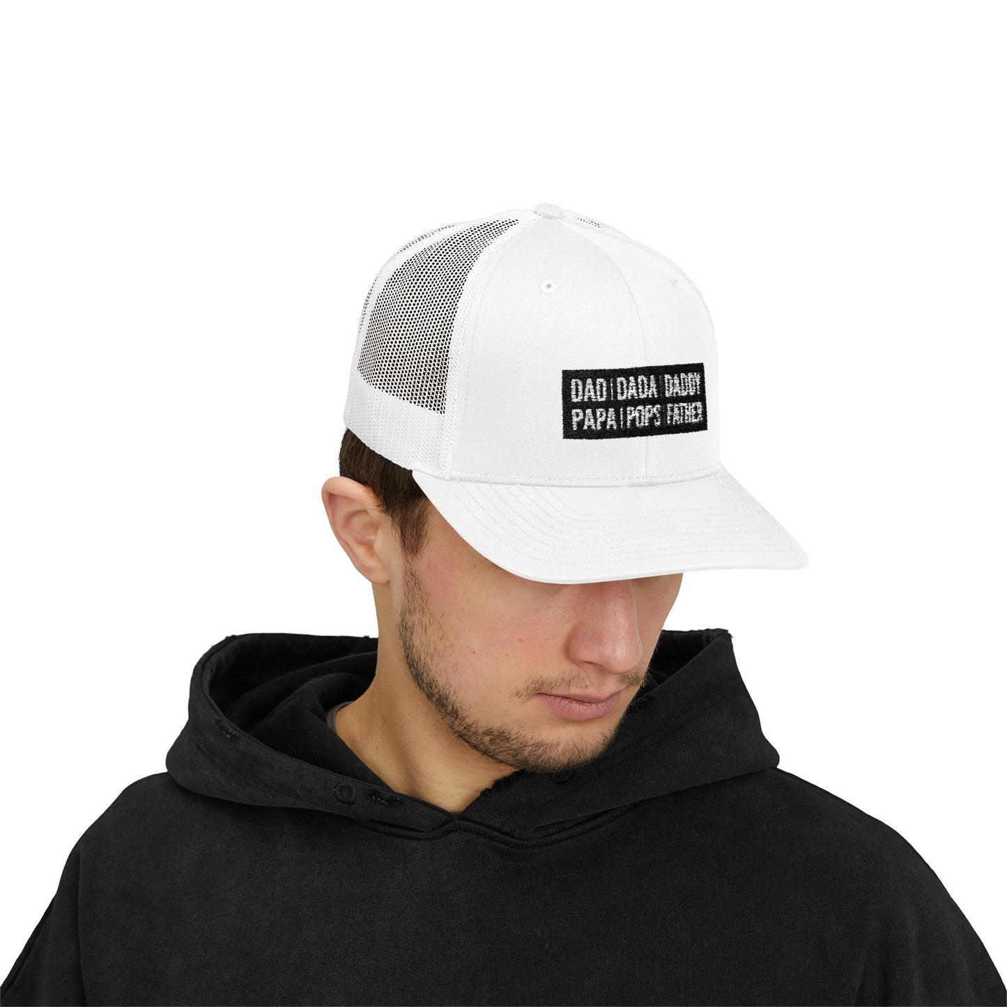 Father Names Line-Up Trucker Hat - Minimalist Black & White Design