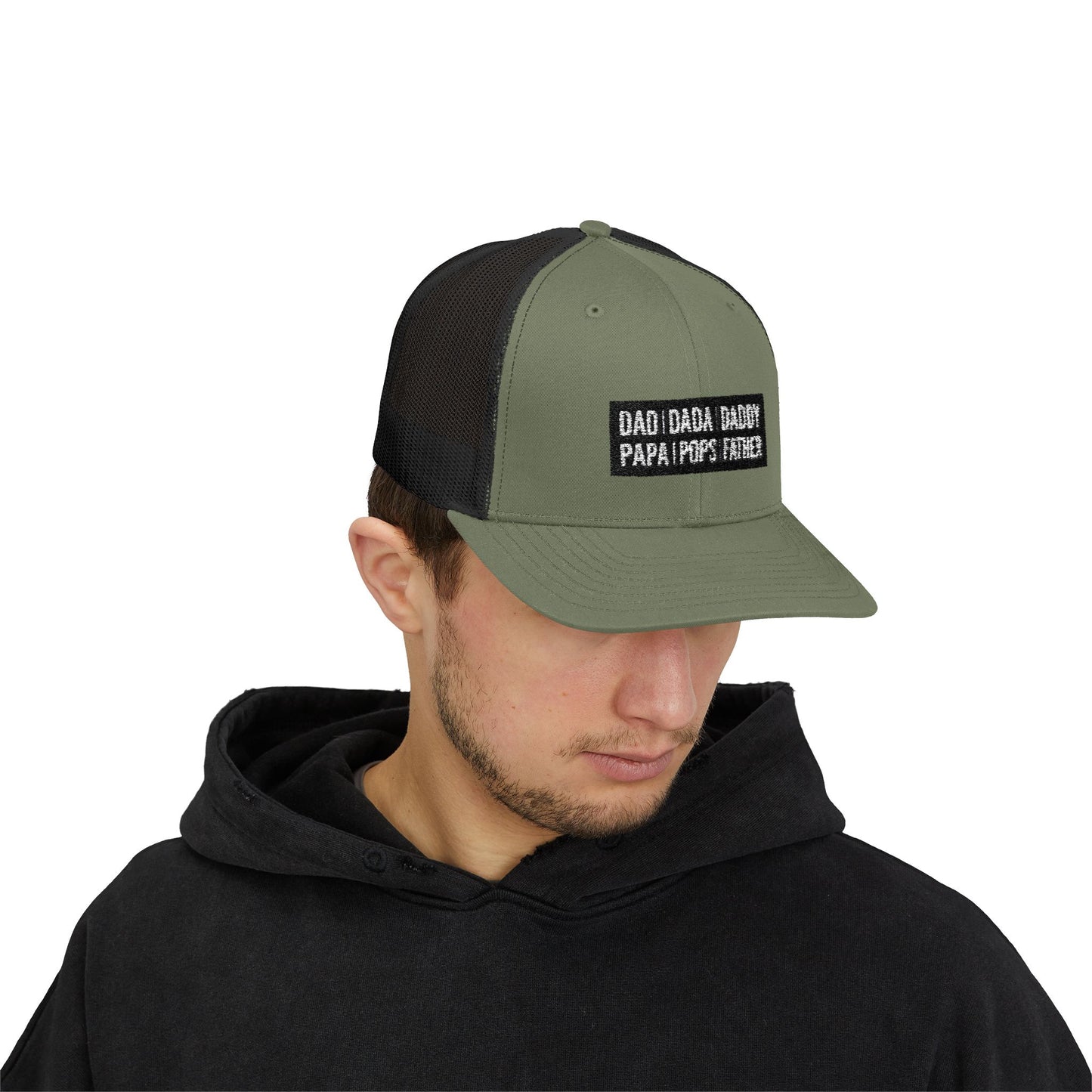 Father Names Line-Up Trucker Hat - Minimalist Black & White Design