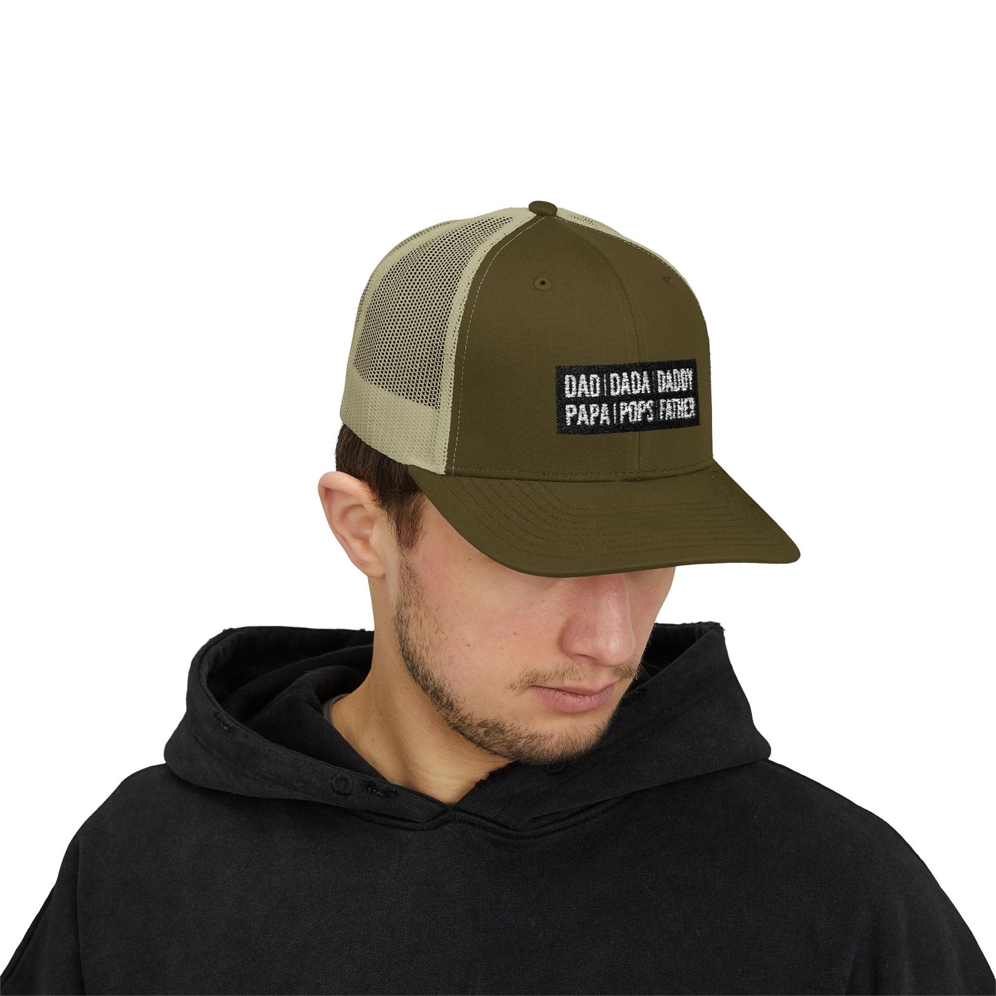 Father Names Line-Up Trucker Hat - Minimalist Black & White Design