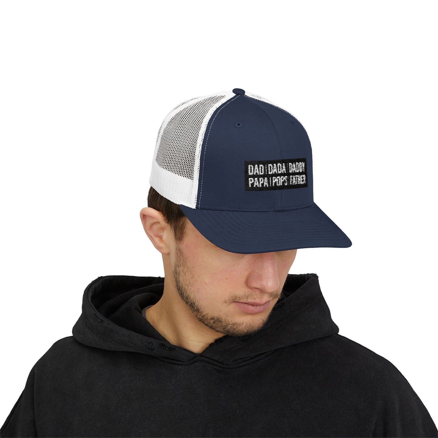 Father Names Line-Up Trucker Hat - Minimalist Black & White Design
