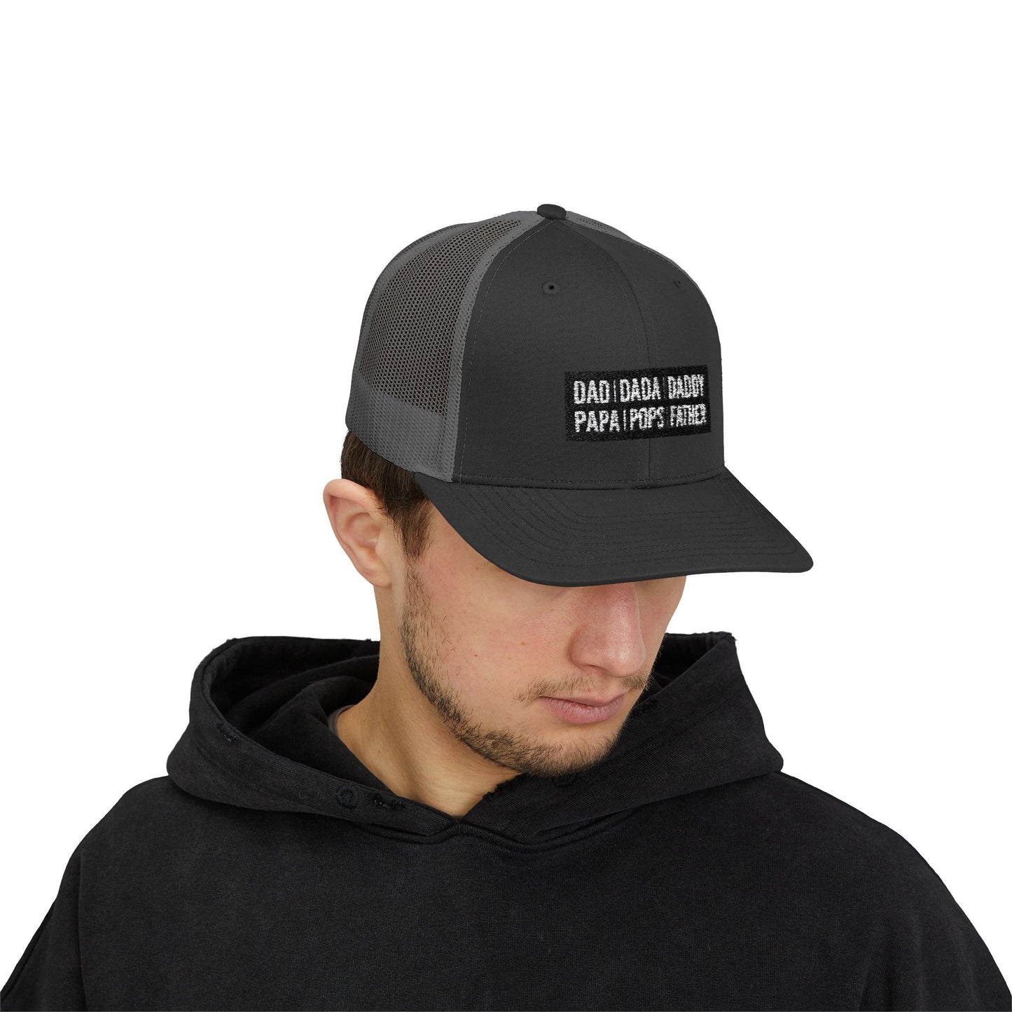 Father Names Line-Up Trucker Hat - Minimalist Black & White Design