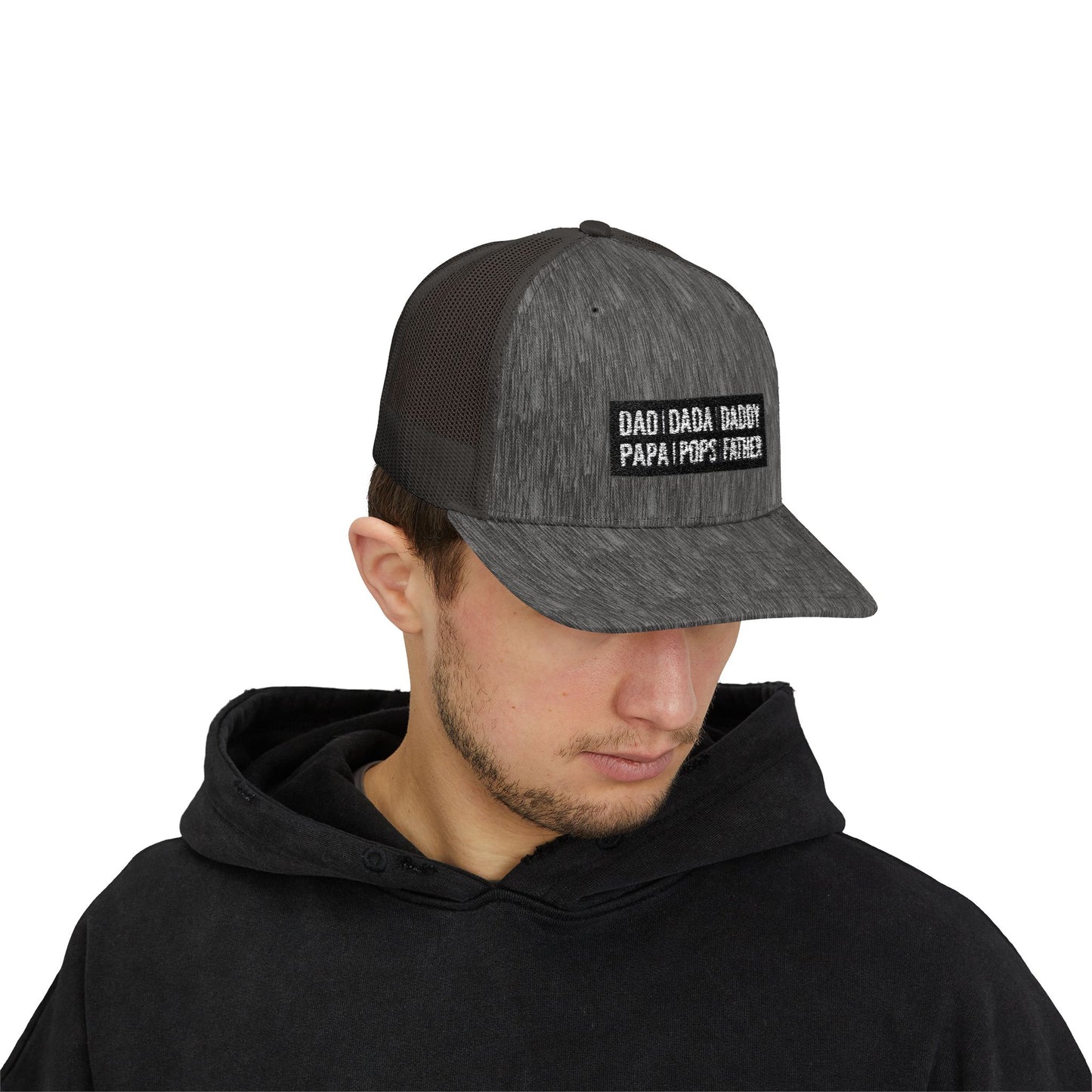 Father Names Line-Up Trucker Hat - Minimalist Black & White Design
