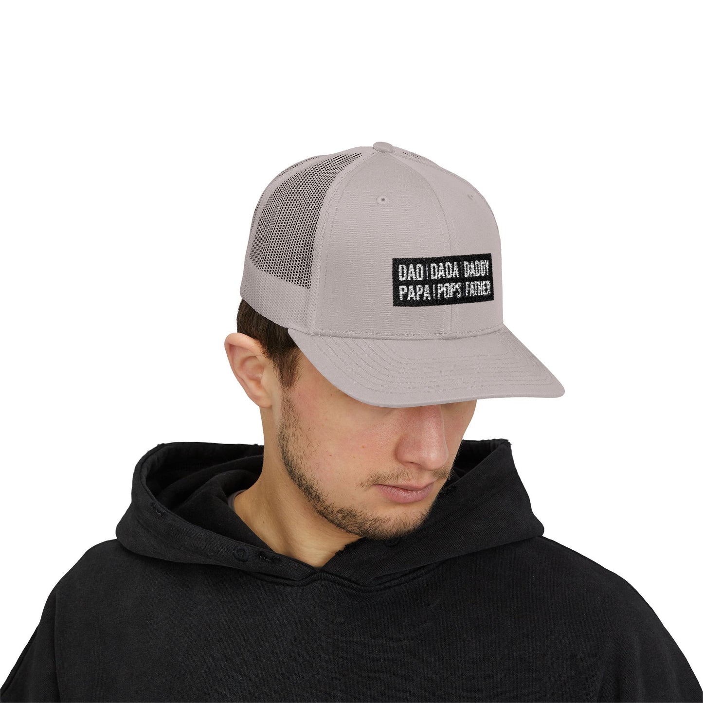 Father Names Line-Up Trucker Hat - Minimalist Black & White Design