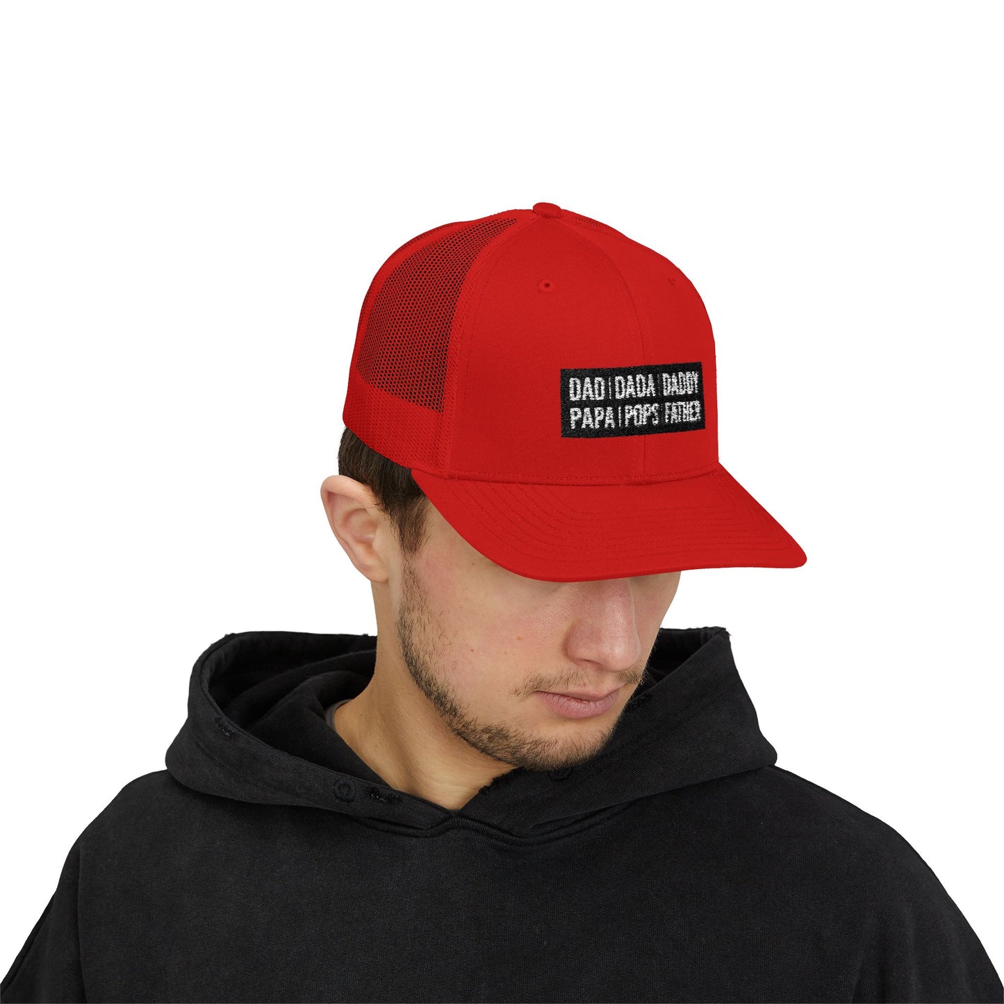 Father Names Line-Up Trucker Hat - Minimalist Black & White Design
