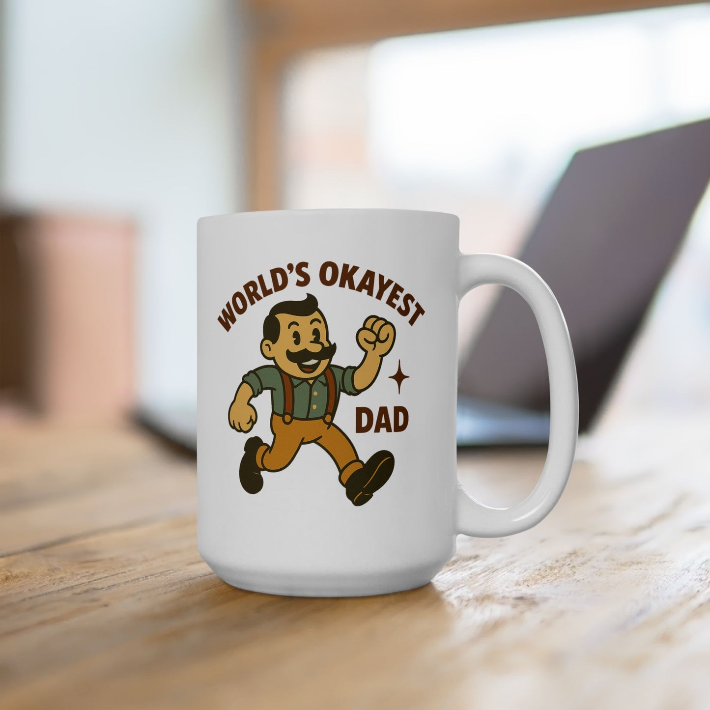 World’s Okayest Dad Mug – Funny Retro Cartoon Coffee Cup for Fathers