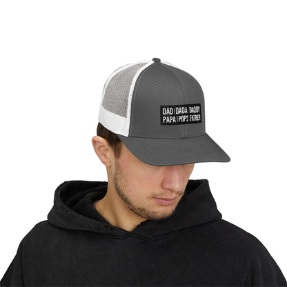 Father Names Line-Up Trucker Hat - Minimalist Black & White Design