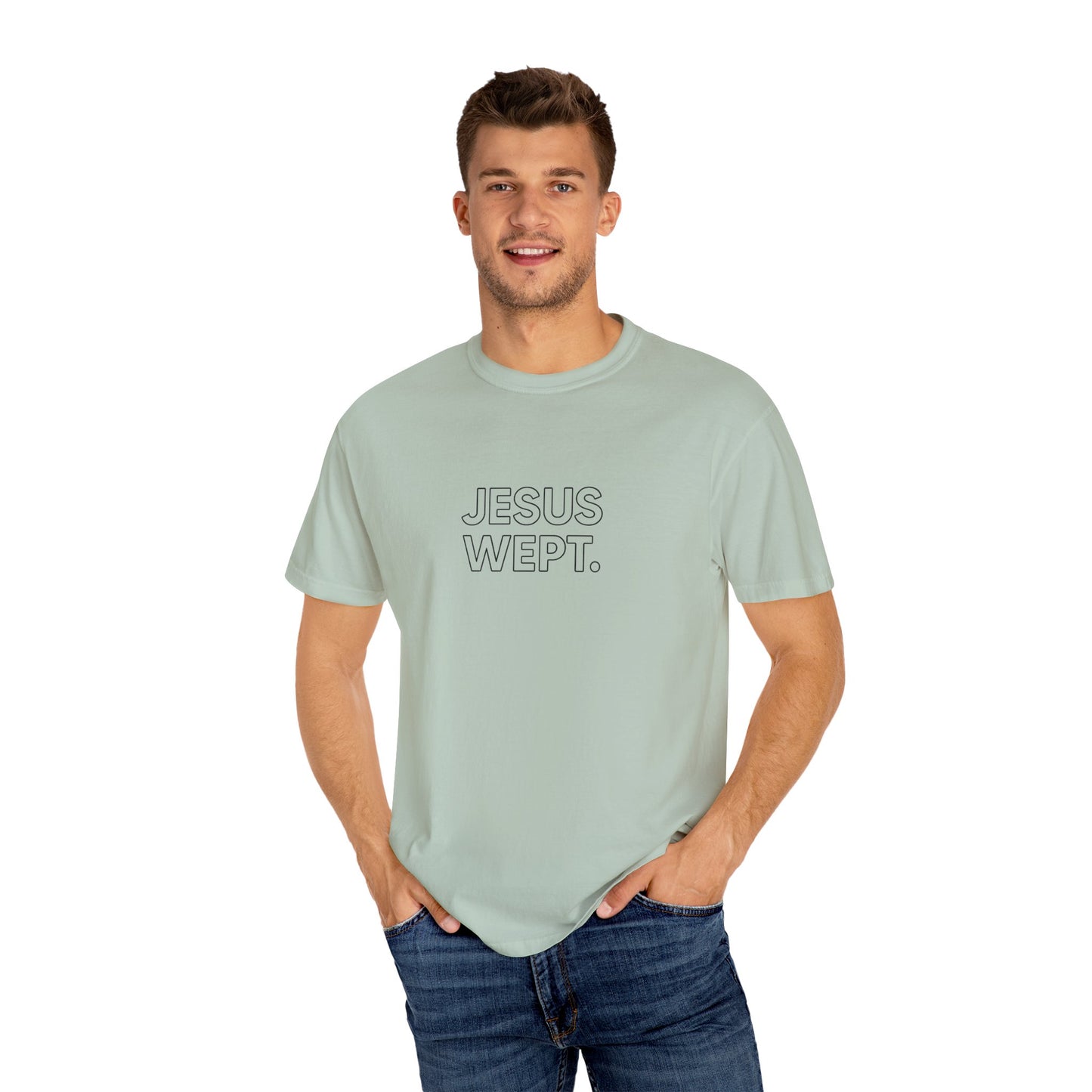 "Jesus Wept" Minimalist Outline Unisex T-Shirt — Bold Christian Statement Tee