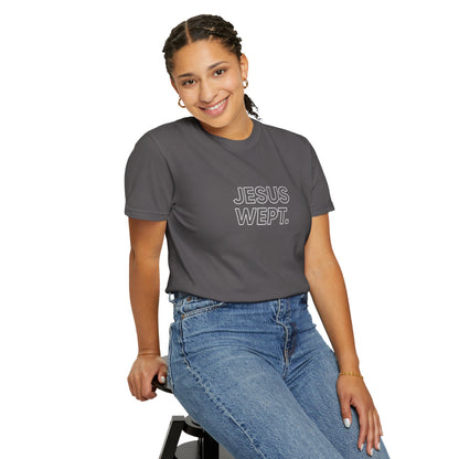 "Jesus Wept" Minimalist Outline Unisex T-Shirt — Bold Christian Statement Tee