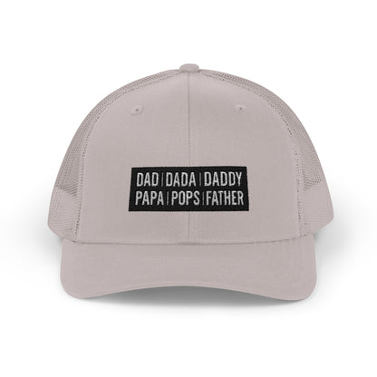 Father Names Line-Up Trucker Hat - Minimalist Black & White Design