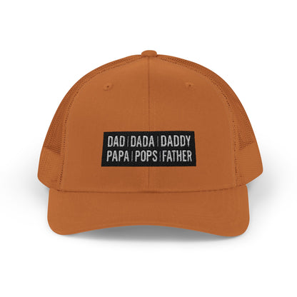 Father Names Line-Up Trucker Hat - Minimalist Black & White Design