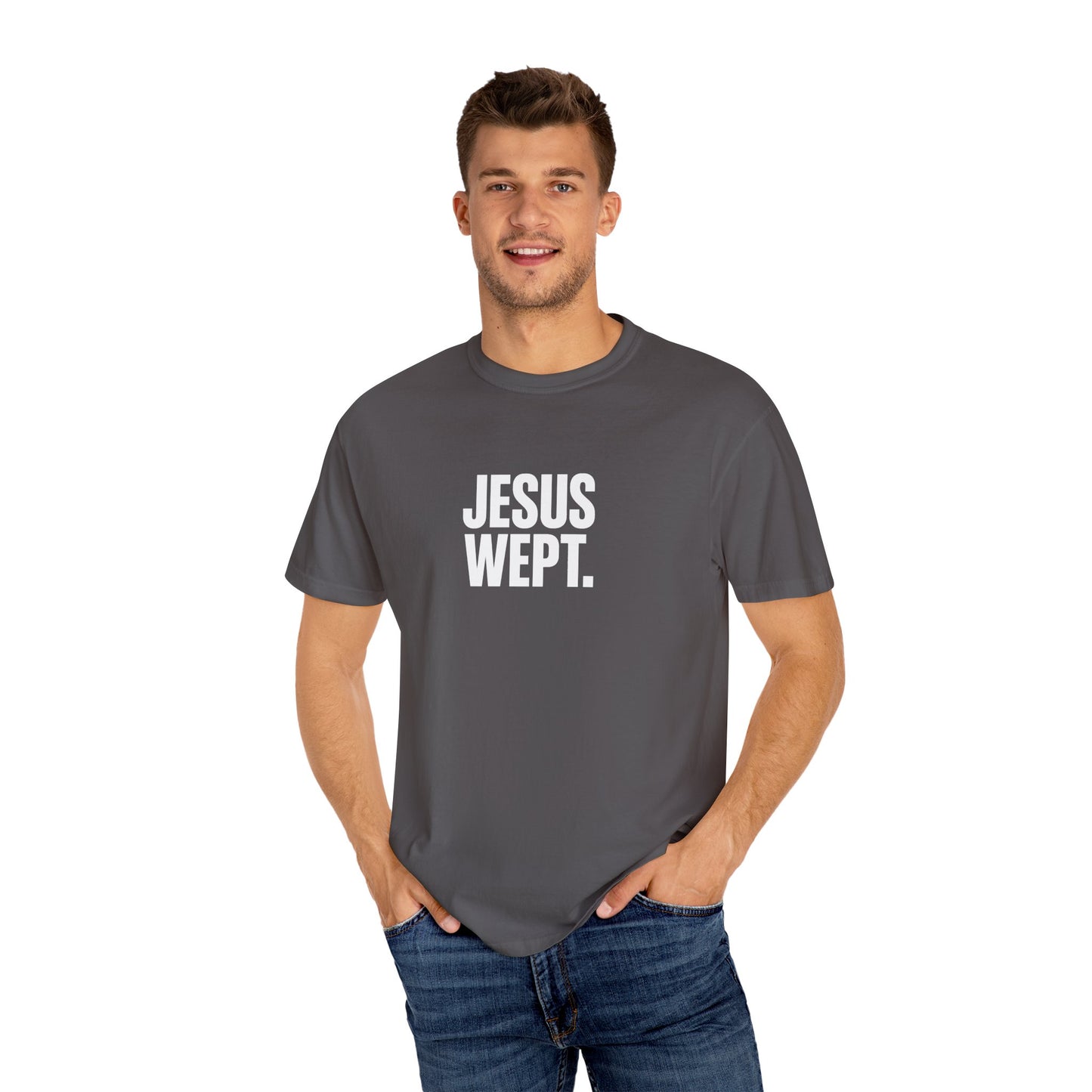 "Jesus Wept." Brutalist Bold Typography Unisex T-Shirt — Minimalist Christian Streetwear