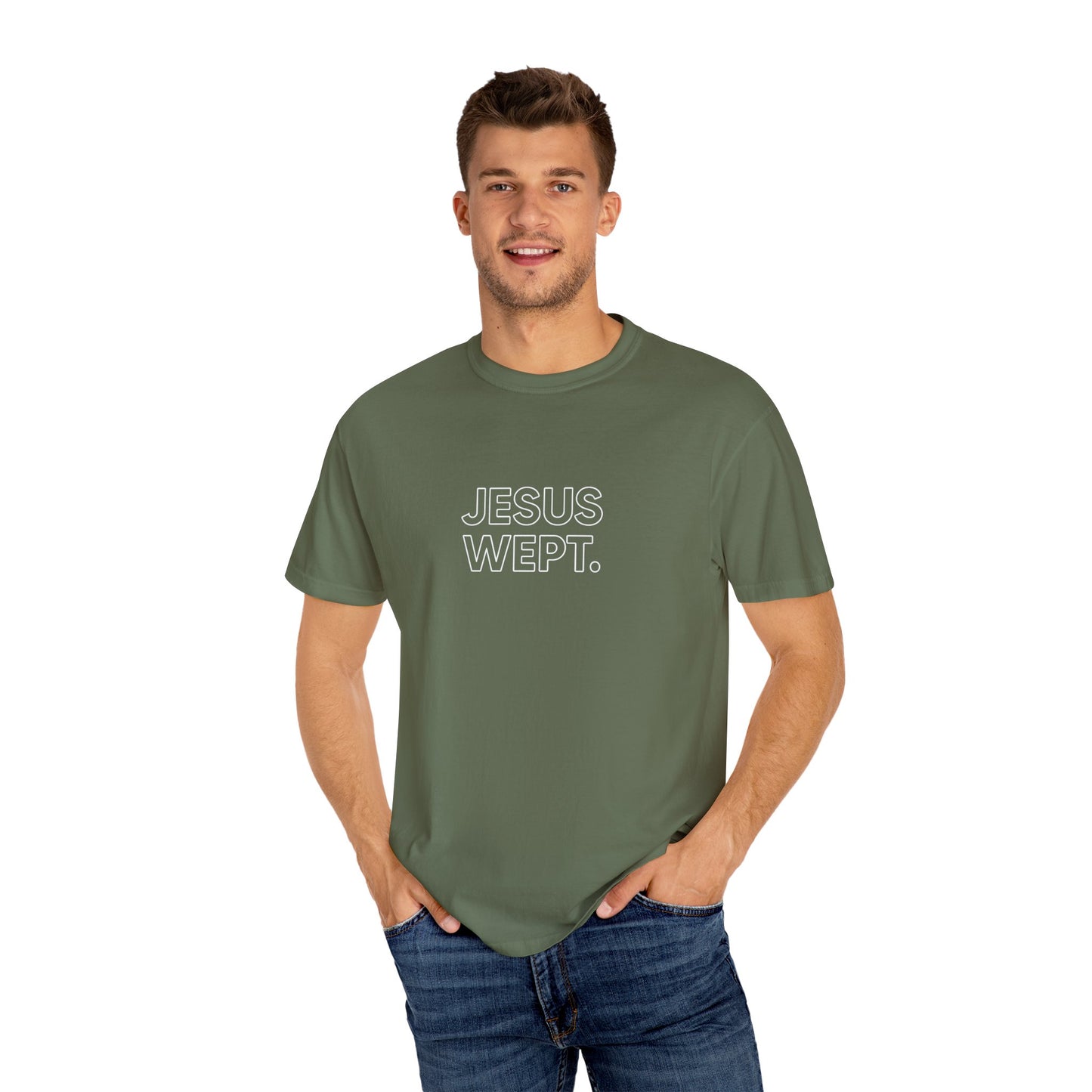 "Jesus Wept" Minimalist Outline Unisex T-Shirt — Bold Christian Statement Tee