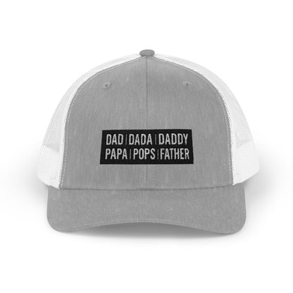 Father Names Line-Up Trucker Hat - Minimalist Black & White Design