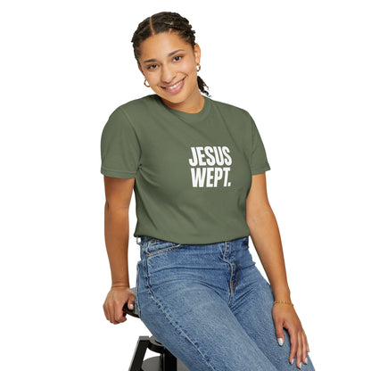 "Jesus Wept." Brutalist Bold Typography Unisex T-Shirt — Minimalist Christian Streetwear