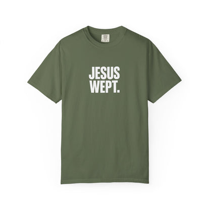 "Jesus Wept." Brutalist Bold Typography Unisex T-Shirt — Minimalist Christian Streetwear