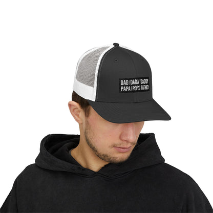 Father Names Line-Up Trucker Hat - Minimalist Black & White Design