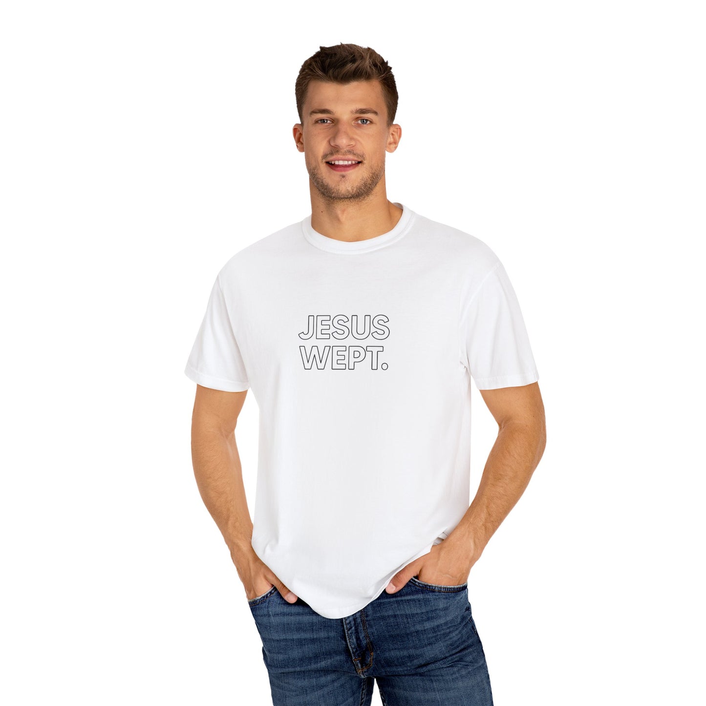 "Jesus Wept" Minimalist Outline Unisex T-Shirt — Bold Christian Statement Tee