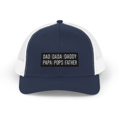 Father Names Line-Up Trucker Hat - Minimalist Black & White Design