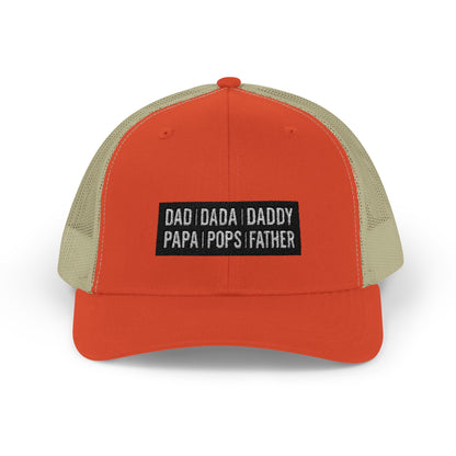 Father Names Line-Up Trucker Hat - Minimalist Black & White Design