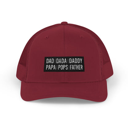 Father Names Line-Up Trucker Hat - Minimalist Black & White Design