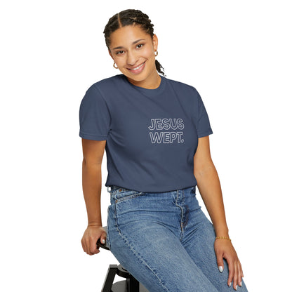 "Jesus Wept" Minimalist Outline Unisex T-Shirt — Bold Christian Statement Tee