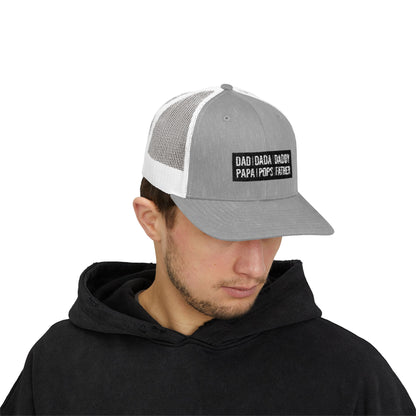 Father Names Line-Up Trucker Hat - Minimalist Black & White Design