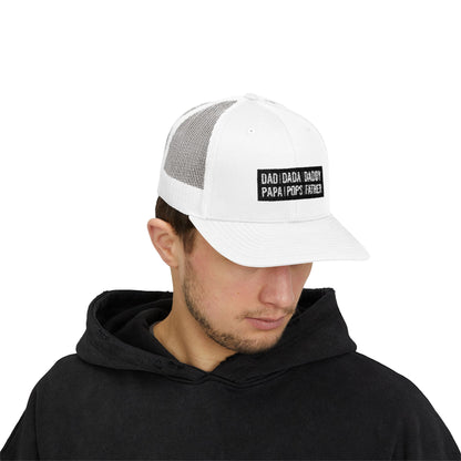 Father Names Line-Up Trucker Hat - Minimalist Black & White Design