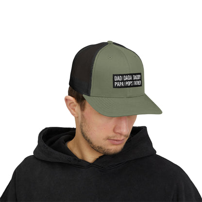 Father Names Line-Up Trucker Hat - Minimalist Black & White Design