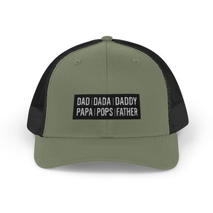 Father Names Line-Up Trucker Hat - Minimalist Black & White Design